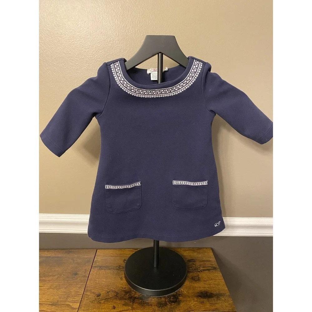 Vineyard Vines Girls 3T Dress Navy White Embroidered Detail On Neck  & Pockets